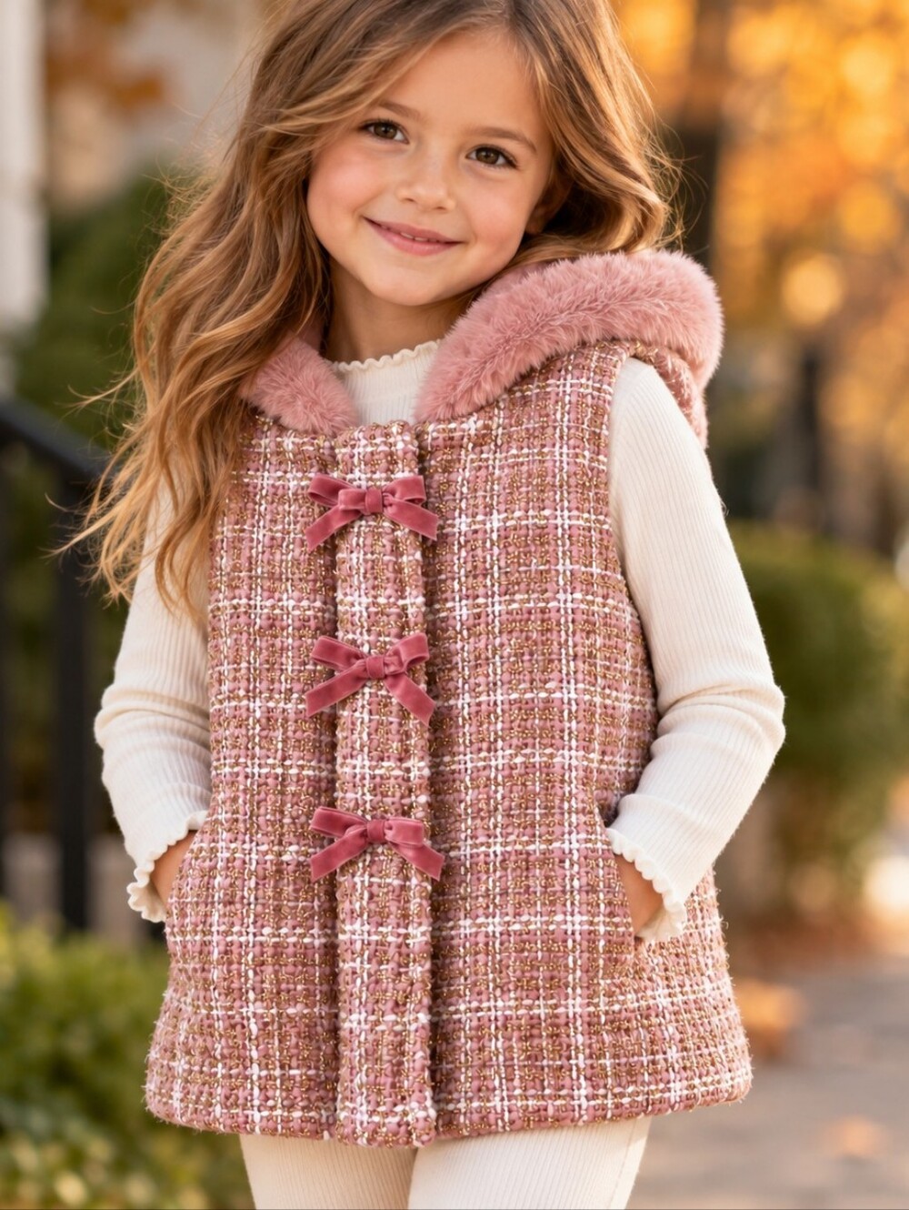 Nicole Miller Girls Pink Tweed Hooded Vest Size 4